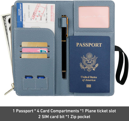 Rfid Passport Wallet for Women, Travel Wallet Passport Holder for Travel, Leather Zipper Pocket Card Slots Purses, Travel Document Organizer Waterproof Travel Accessories (Blue)