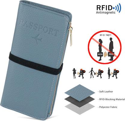 Rfid Passport Wallet for Women, Travel Wallet Passport Holder for Travel, Leather Zipper Pocket Card Slots Purses, Travel Document Organizer Waterproof Travel Accessories (Blue)