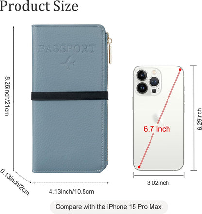 Rfid Passport Wallet for Women, Travel Wallet Passport Holder for Travel, Leather Zipper Pocket Card Slots Purses, Travel Document Organizer Waterproof Travel Accessories (Blue)