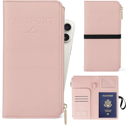Rfid Passport Wallet for Women, Travel Wallet Passport Holder for Travel, Leather Zipper Pocket Card Slots Purses, Travel Document Organizer Waterproof Travel Accessories (Blue)