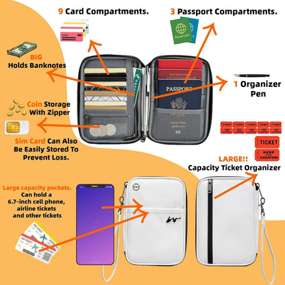 P-H1 Travel Family Passport Holder RFID Blocking Passport Waterproof Wallets for Men Women Travel Document Organizer Cards Case, Lightweight Portable Passport Cover with Zipper Pocket (Pink)