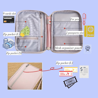 P-H1 Travel Family Passport Holder RFID Blocking Passport Waterproof Wallets for Men Women Travel Document Organizer Cards Case, Lightweight Portable Passport Cover with Zipper Pocket (Pink)