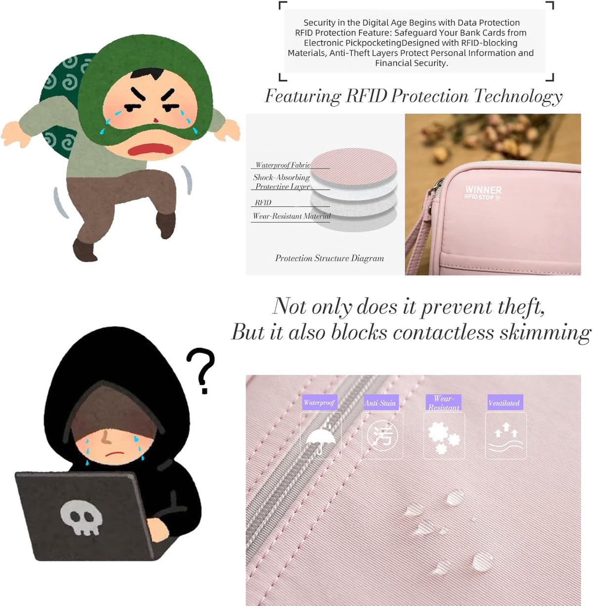 P-H1 Travel Family Passport Holder RFID Blocking Passport Waterproof Wallets for Men Women Travel Document Organizer Cards Case, Lightweight Portable Passport Cover with Zipper Pocket (Pink)