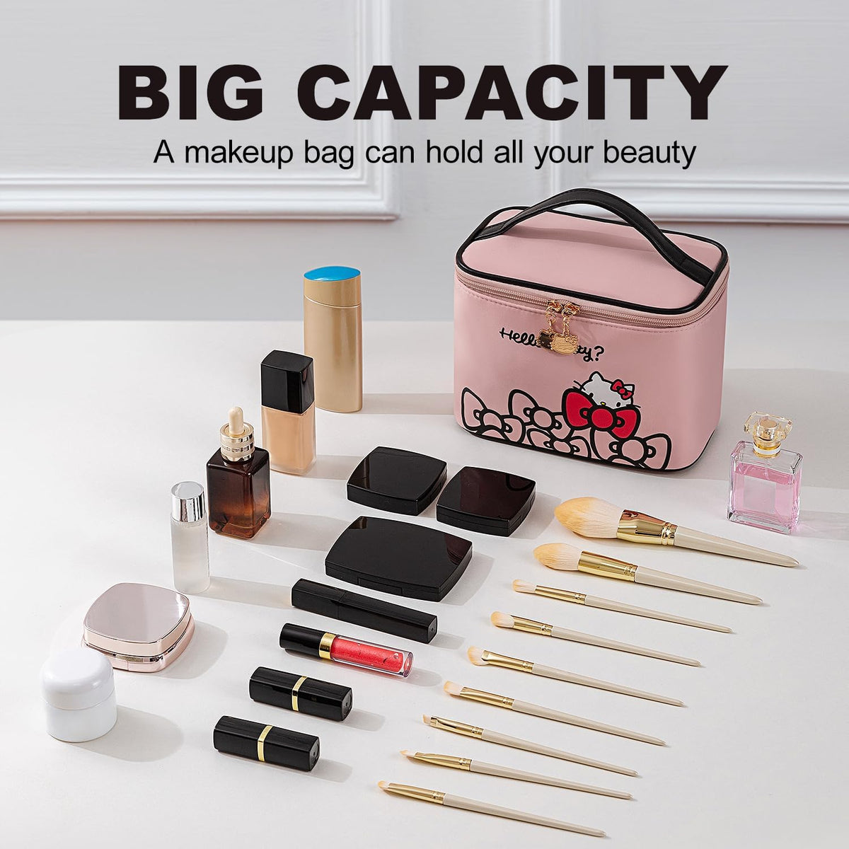 Makeup Bag Large Waterproof Cosmetic Bags with Divider and Brush Holder,Cute Printed Makeup Organizer for Women Traveling,Portable Toiletry Bag for Girls