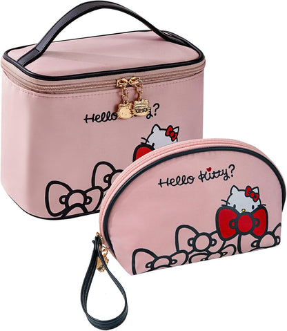 Makeup Bag Large Waterproof Cosmetic Bags with Divider and Brush Holder,Cute Printed Makeup Organizer for Women Traveling,Portable Toiletry Bag for Girls