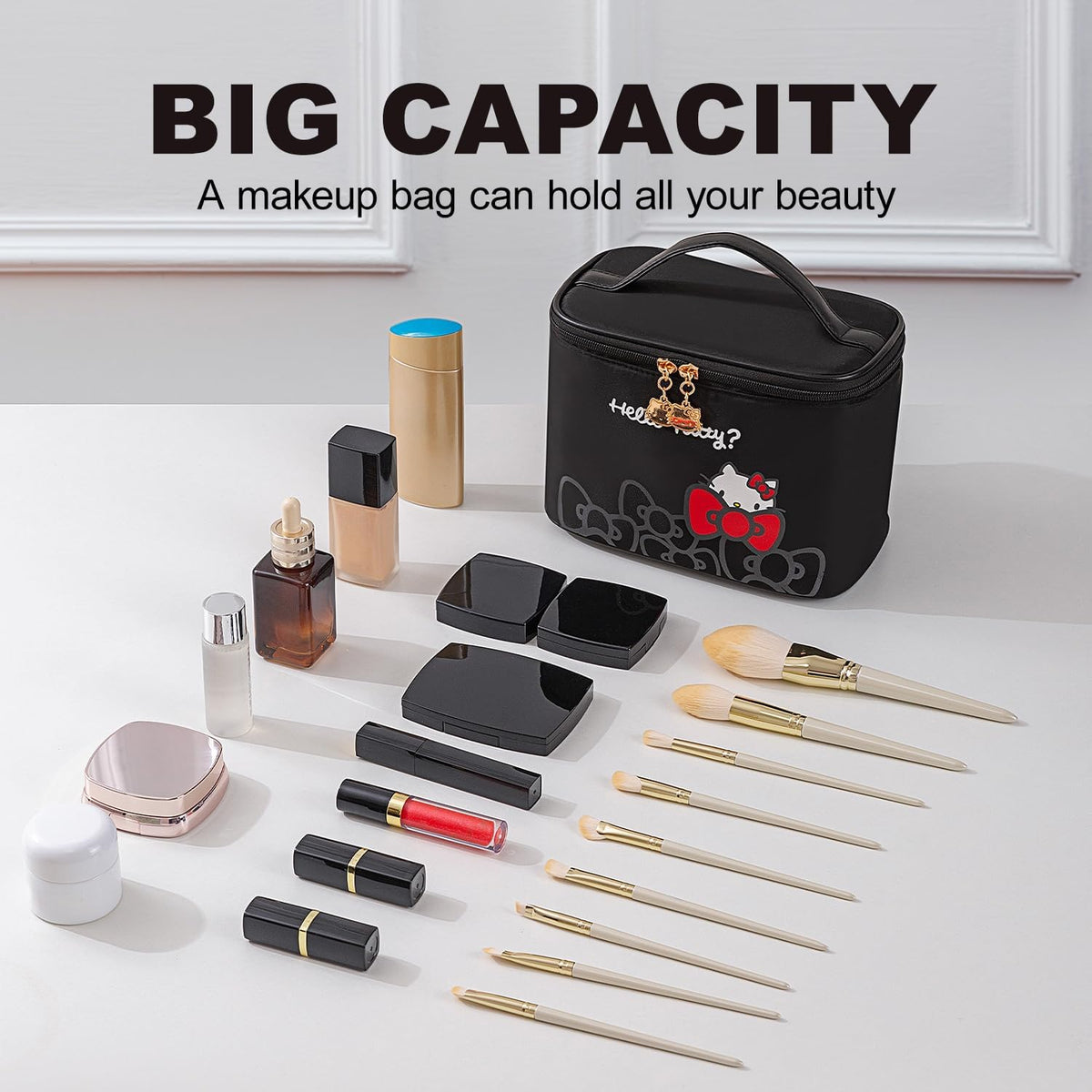 Makeup Bag Large Waterproof Cosmetic Bags with Divider and Brush Holder,Cute Printed Makeup Organizer for Women Traveling,Portable Toiletry Bag for Girls