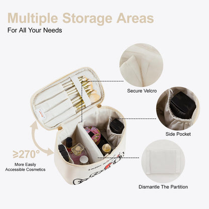Makeup Bag Large Waterproof Cosmetic Bags with Divider and Brush Holder,Cute Printed Makeup Organizer for Women Traveling,Portable Toiletry Bag for Girls