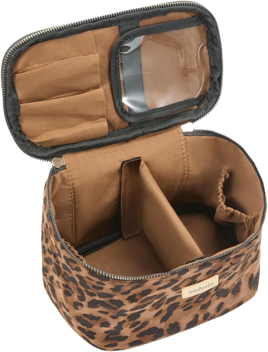 Makeup Bag Large Waterproof Cosmetic Bags with Divider and Brush Holder,Cute Printed Makeup Organizer for Women Traveling,Portable Toiletry Bag for Girls