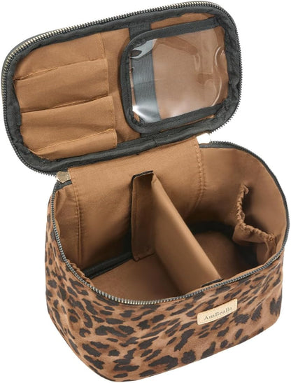Makeup Bag Large Waterproof Cosmetic Bags with Divider and Brush Holder,Cute Printed Makeup Organizer for Women Traveling,Portable Toiletry Bag for Girls