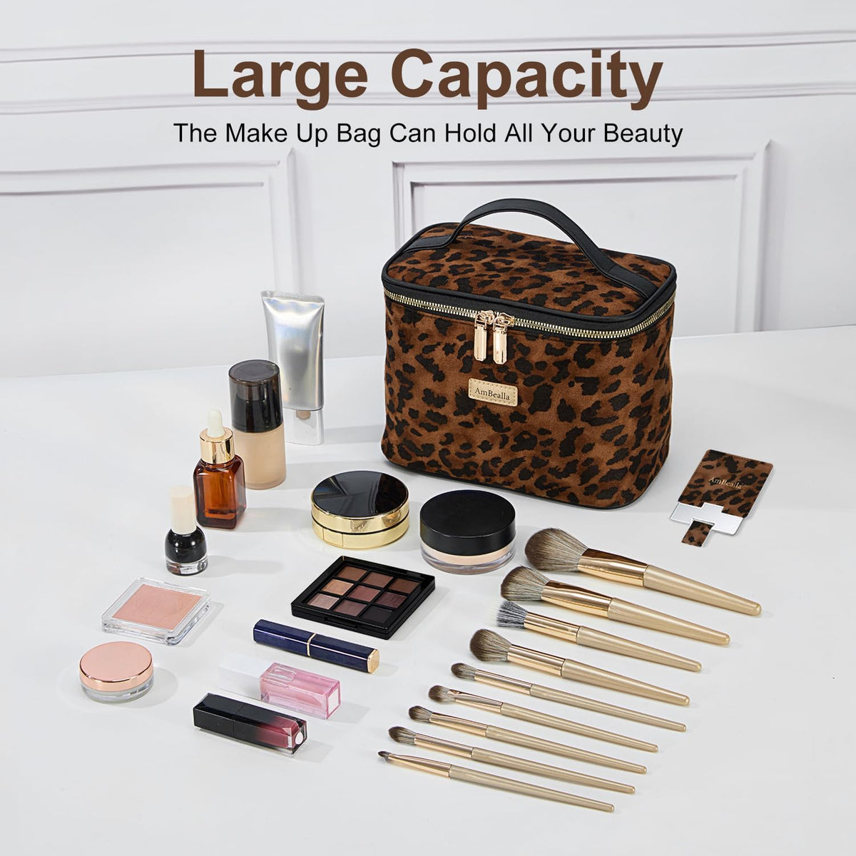 Makeup Bag Large Waterproof Cosmetic Bags with Divider and Brush Holder,Cute Printed Makeup Organizer for Women Traveling,Portable Toiletry Bag for Girls