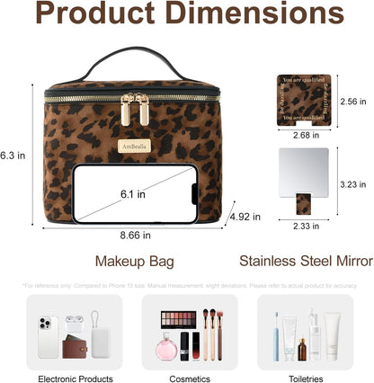 Makeup Bag Large Waterproof Cosmetic Bags with Divider and Brush Holder,Cute Printed Makeup Organizer for Women Traveling,Portable Toiletry Bag for Girls