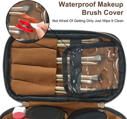 Makeup Bag Large Waterproof Cosmetic Bags with Divider and Brush Holder,Cute Printed Makeup Organizer for Women Traveling,Portable Toiletry Bag for Girls