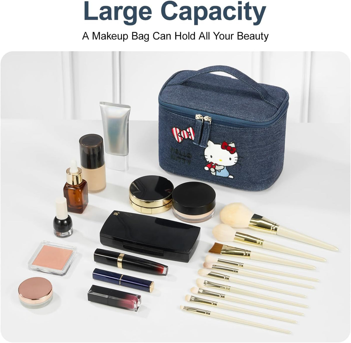Makeup Bag Large Waterproof Cosmetic Bags with Divider and Brush Holder,Cute Printed Makeup Organizer for Women Traveling,Portable Toiletry Bag for Girls