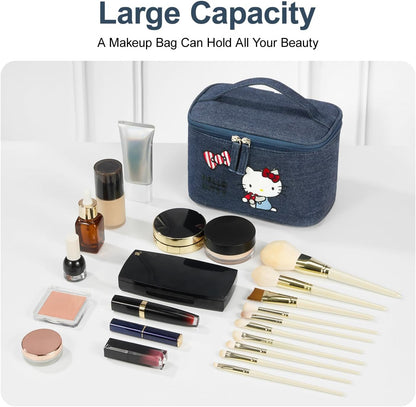 Makeup Bag Large Waterproof Cosmetic Bags with Divider and Brush Holder,Cute Printed Makeup Organizer for Women Traveling,Portable Toiletry Bag for Girls