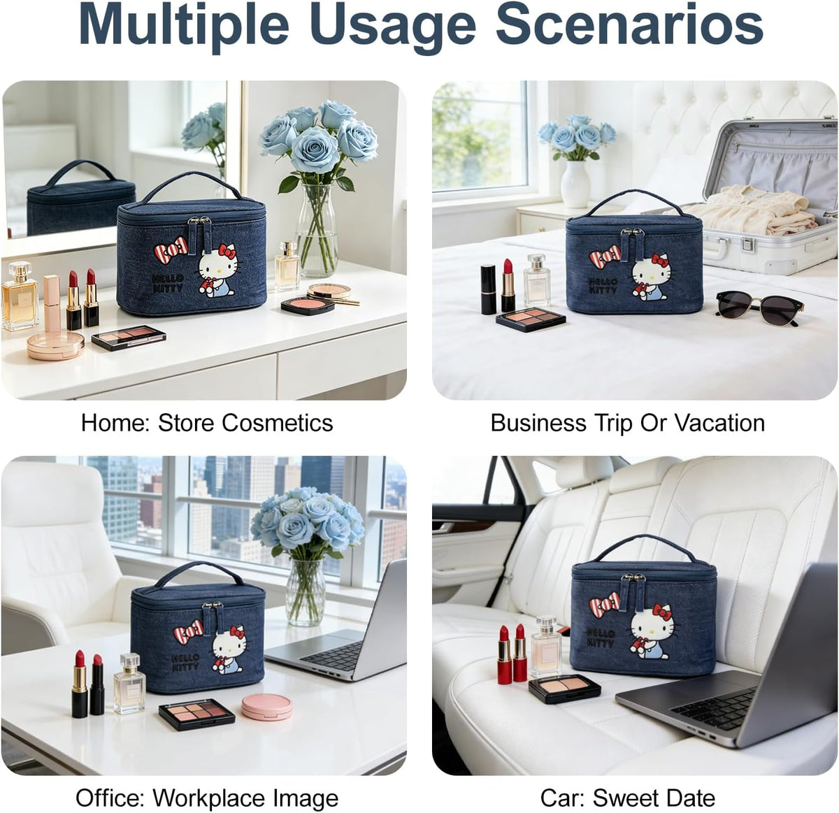 Makeup Bag Large Waterproof Cosmetic Bags with Divider and Brush Holder,Cute Printed Makeup Organizer for Women Traveling,Portable Toiletry Bag for Girls