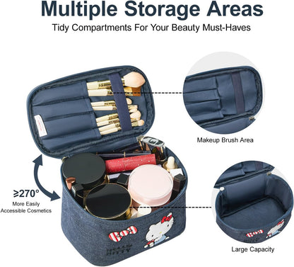 Makeup Bag Large Waterproof Cosmetic Bags with Divider and Brush Holder,Cute Printed Makeup Organizer for Women Traveling,Portable Toiletry Bag for Girls