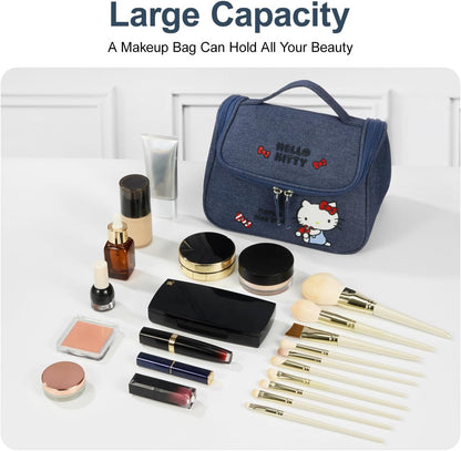 Makeup Bag Large Waterproof Cosmetic Bags with Divider and Brush Holder,Cute Printed Makeup Organizer for Women Traveling,Portable Toiletry Bag for Girls