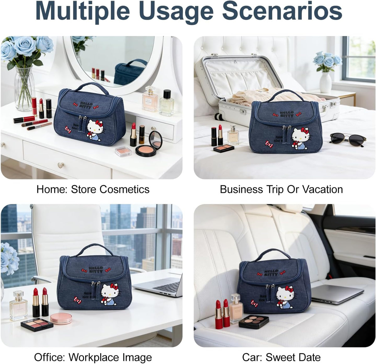 Makeup Bag Large Waterproof Cosmetic Bags with Divider and Brush Holder,Cute Printed Makeup Organizer for Women Traveling,Portable Toiletry Bag for Girls