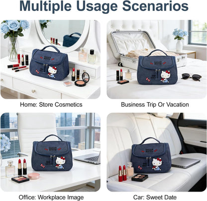 Makeup Bag Large Waterproof Cosmetic Bags with Divider and Brush Holder,Cute Printed Makeup Organizer for Women Traveling,Portable Toiletry Bag for Girls