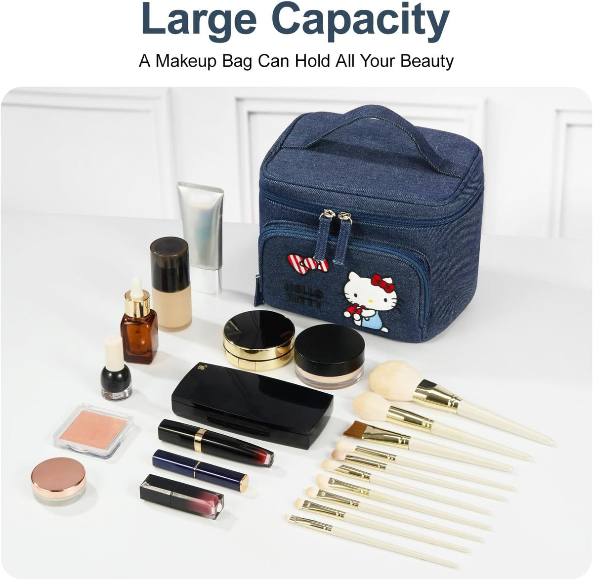 Makeup Bag Large Waterproof Cosmetic Bags with Divider and Brush Holder,Cute Printed Makeup Organizer for Women Traveling,Portable Toiletry Bag for Girls