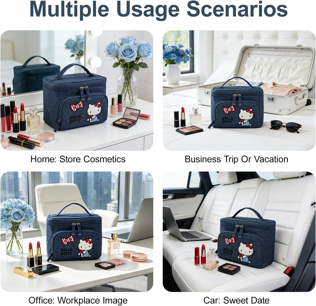 Makeup Bag Large Waterproof Cosmetic Bags with Divider and Brush Holder,Cute Printed Makeup Organizer for Women Traveling,Portable Toiletry Bag for Girls