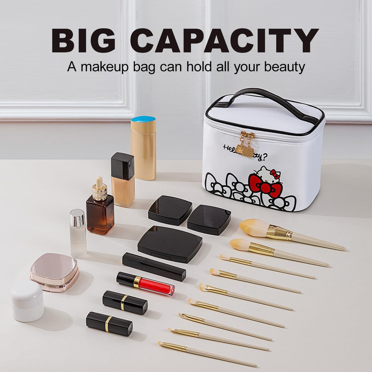 Makeup Bag Large Waterproof Cosmetic Bags with Divider and Brush Holder,Cute Printed Makeup Organizer for Women Traveling,Portable Toiletry Bag for Girls
