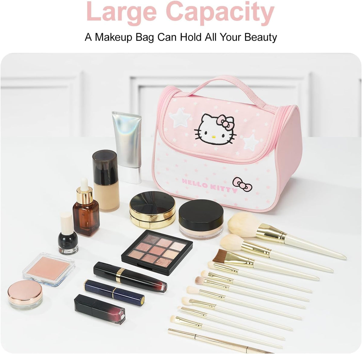 Makeup Bag Large Waterproof Cosmetic Bags with Divider and Brush Holder,Cute Printed Makeup Organizer for Women Traveling,Portable Toiletry Bag for Girls