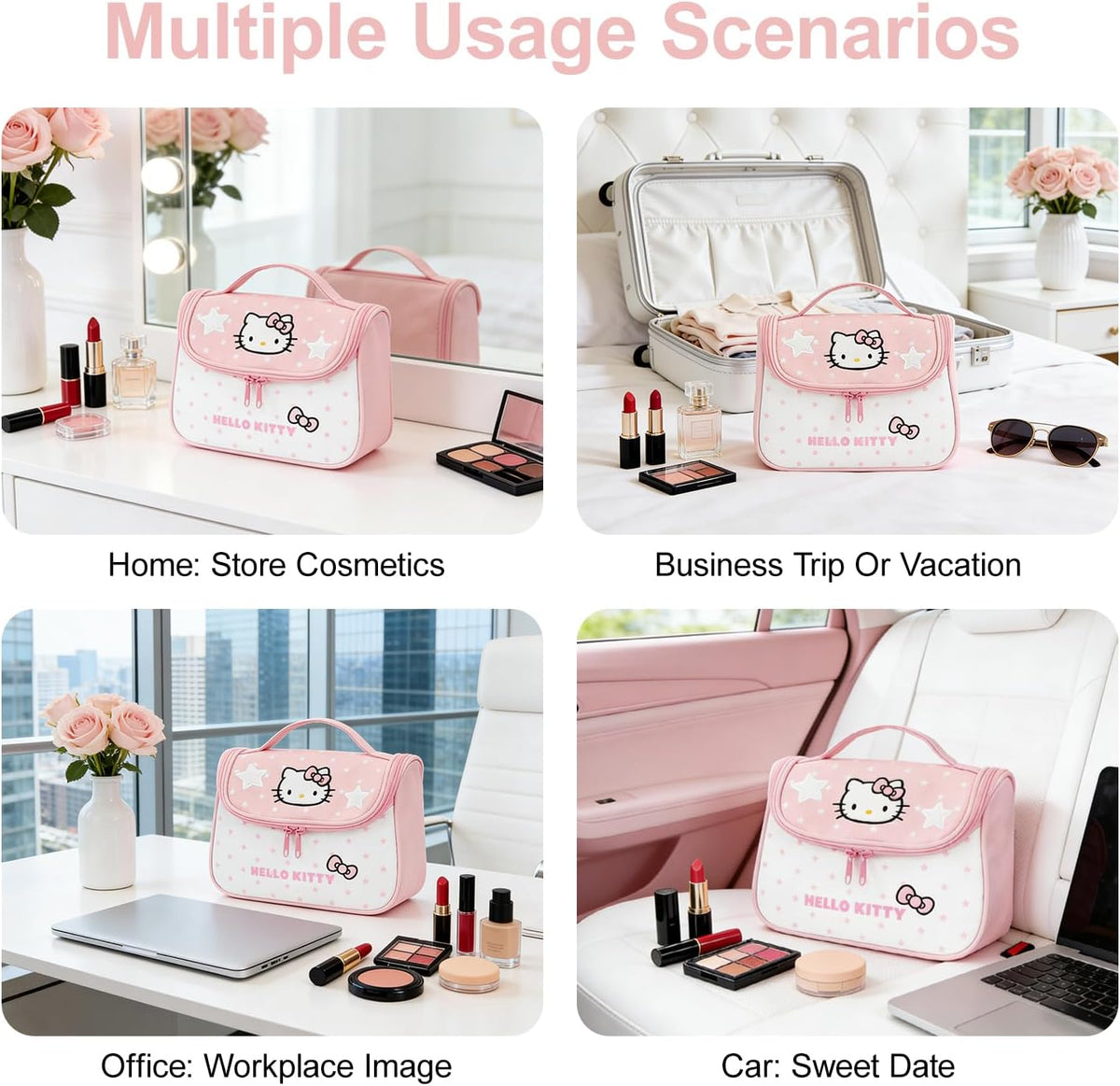Makeup Bag Large Waterproof Cosmetic Bags with Divider and Brush Holder,Cute Printed Makeup Organizer for Women Traveling,Portable Toiletry Bag for Girls