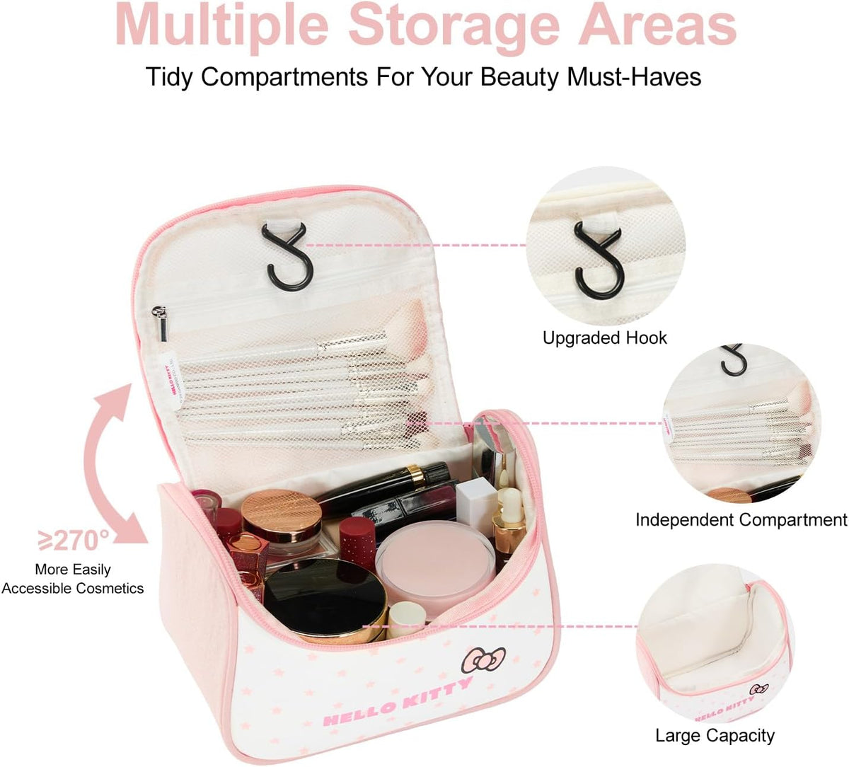 Makeup Bag Large Waterproof Cosmetic Bags with Divider and Brush Holder,Cute Printed Makeup Organizer for Women Traveling,Portable Toiletry Bag for Girls