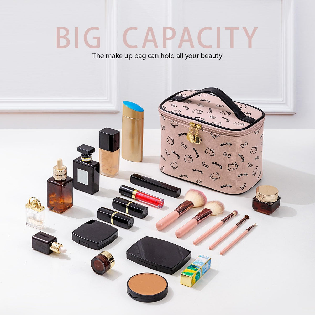 Makeup Bag Large Waterproof Cosmetic Bags with Divider and Brush Holder,Cute Printed Makeup Organizer for Women Traveling,Portable Toiletry Bag for Girls