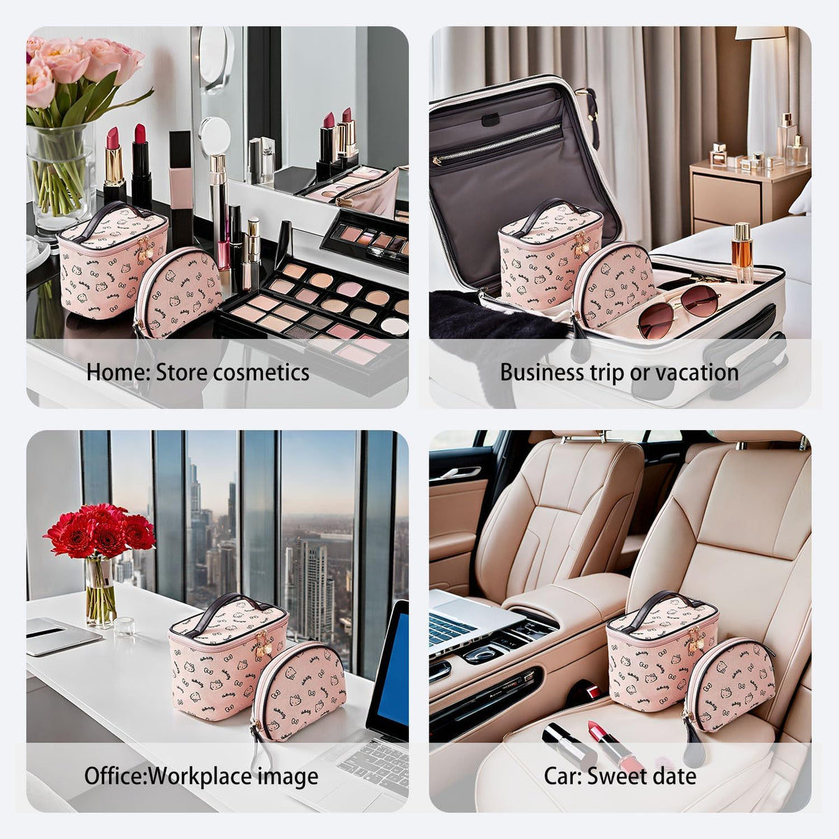 Makeup Bag Large Waterproof Cosmetic Bags with Divider and Brush Holder,Cute Printed Makeup Organizer for Women Traveling,Portable Toiletry Bag for Girls