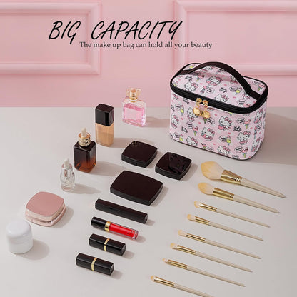 Makeup Bag Large Waterproof Cosmetic Bags with Divider and Brush Holder,Cute Printed Makeup Organizer for Women Traveling,Portable Toiletry Bag for Girls