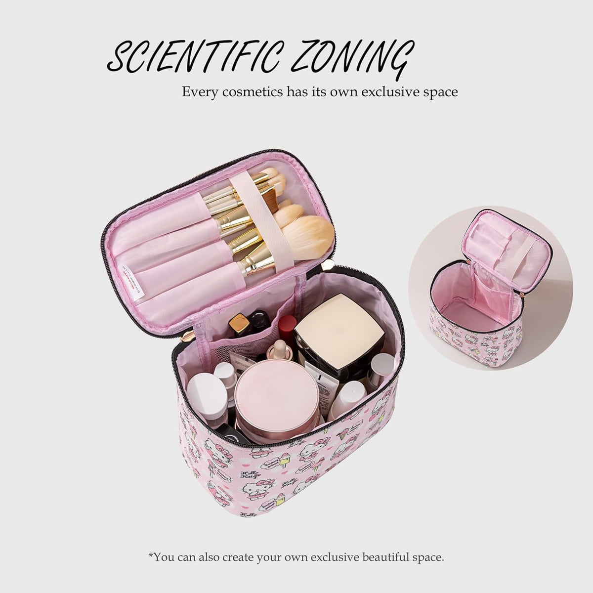Makeup Bag Large Waterproof Cosmetic Bags with Divider and Brush Holder,Cute Printed Makeup Organizer for Women Traveling,Portable Toiletry Bag for Girls