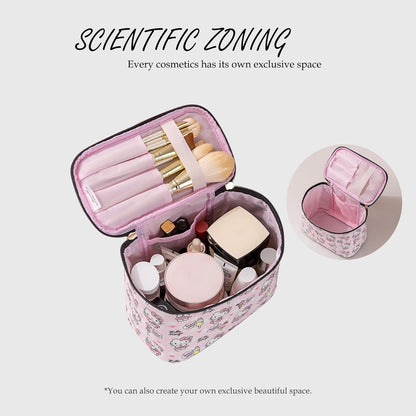 Makeup Bag Large Waterproof Cosmetic Bags with Divider and Brush Holder,Cute Printed Makeup Organizer for Women Traveling,Portable Toiletry Bag for Girls