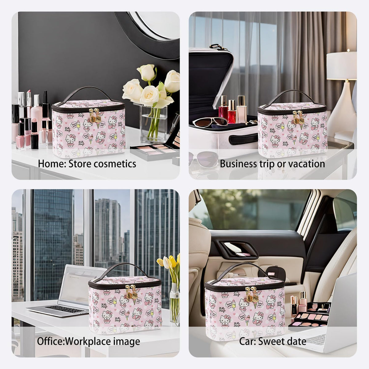 Makeup Bag Large Waterproof Cosmetic Bags with Divider and Brush Holder,Cute Printed Makeup Organizer for Women Traveling,Portable Toiletry Bag for Girls