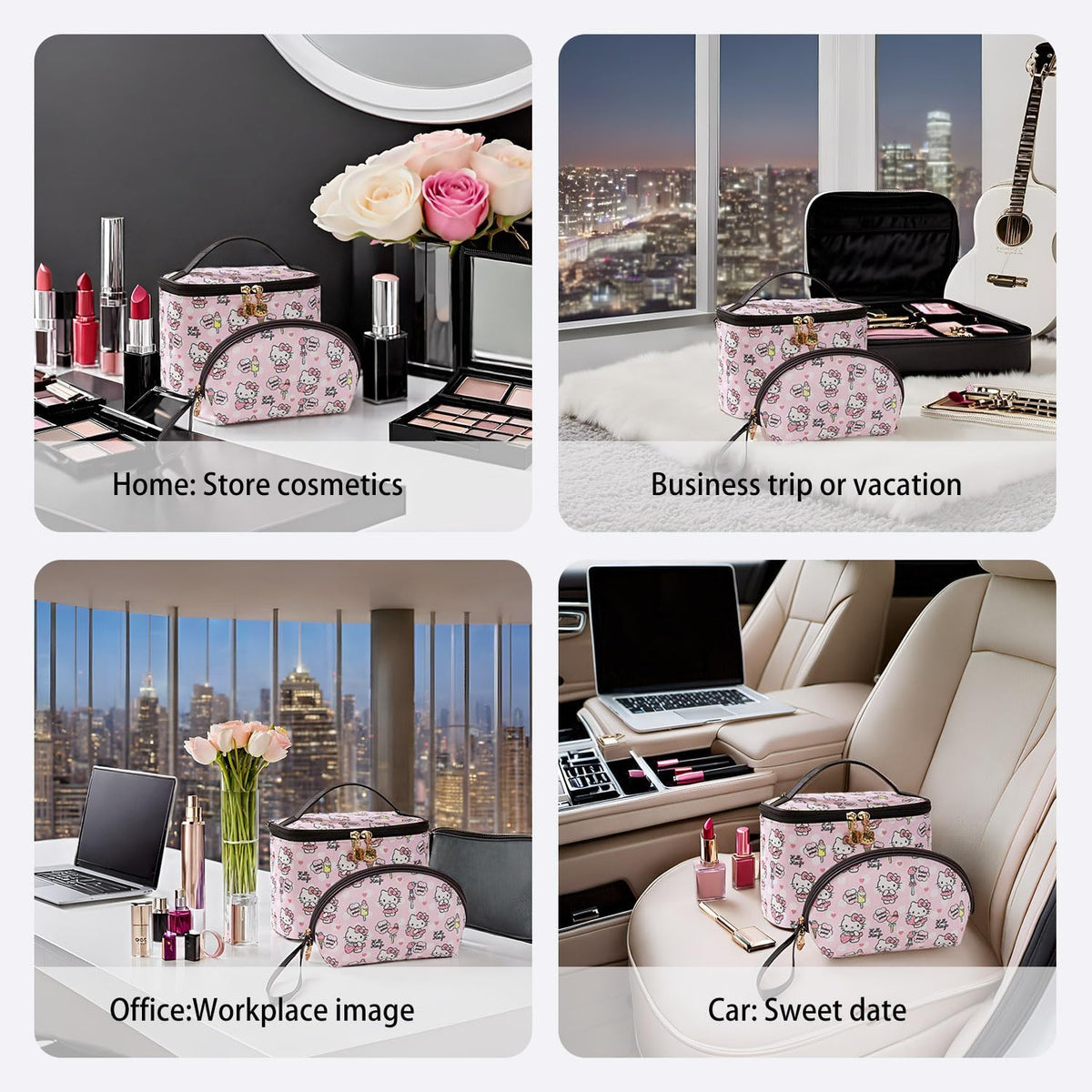 Makeup Bag Large Waterproof Cosmetic Bags with Divider and Brush Holder,Cute Printed Makeup Organizer for Women Traveling,Portable Toiletry Bag for Girls