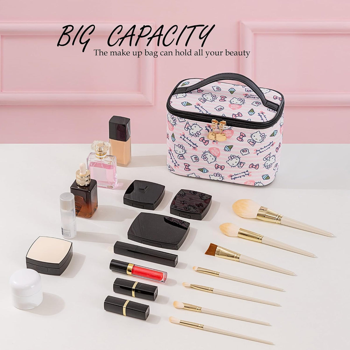 Makeup Bag Large Waterproof Cosmetic Bags with Divider and Brush Holder,Cute Printed Makeup Organizer for Women Traveling,Portable Toiletry Bag for Girls