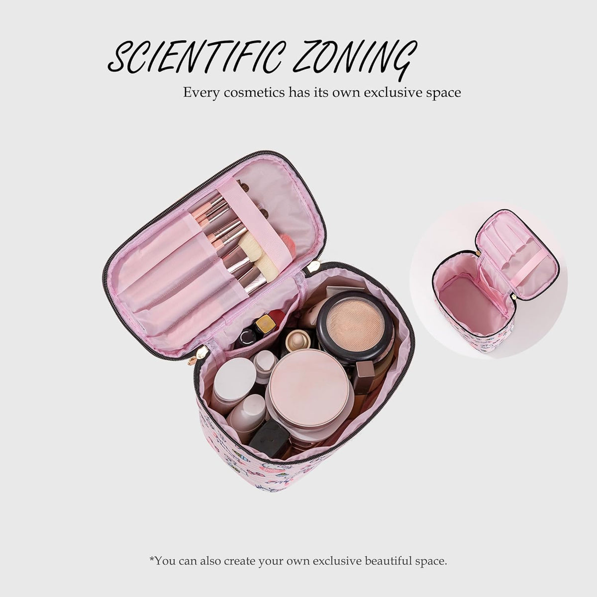 Makeup Bag Large Waterproof Cosmetic Bags with Divider and Brush Holder,Cute Printed Makeup Organizer for Women Traveling,Portable Toiletry Bag for Girls