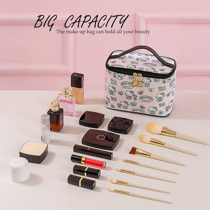 Makeup Bag Large Waterproof Cosmetic Bags with Divider and Brush Holder,Cute Printed Makeup Organizer for Women Traveling,Portable Toiletry Bag for Girls