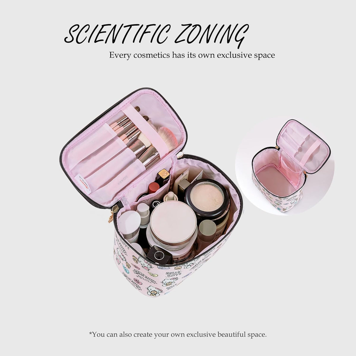 Makeup Bag Large Waterproof Cosmetic Bags with Divider and Brush Holder,Cute Printed Makeup Organizer for Women Traveling,Portable Toiletry Bag for Girls
