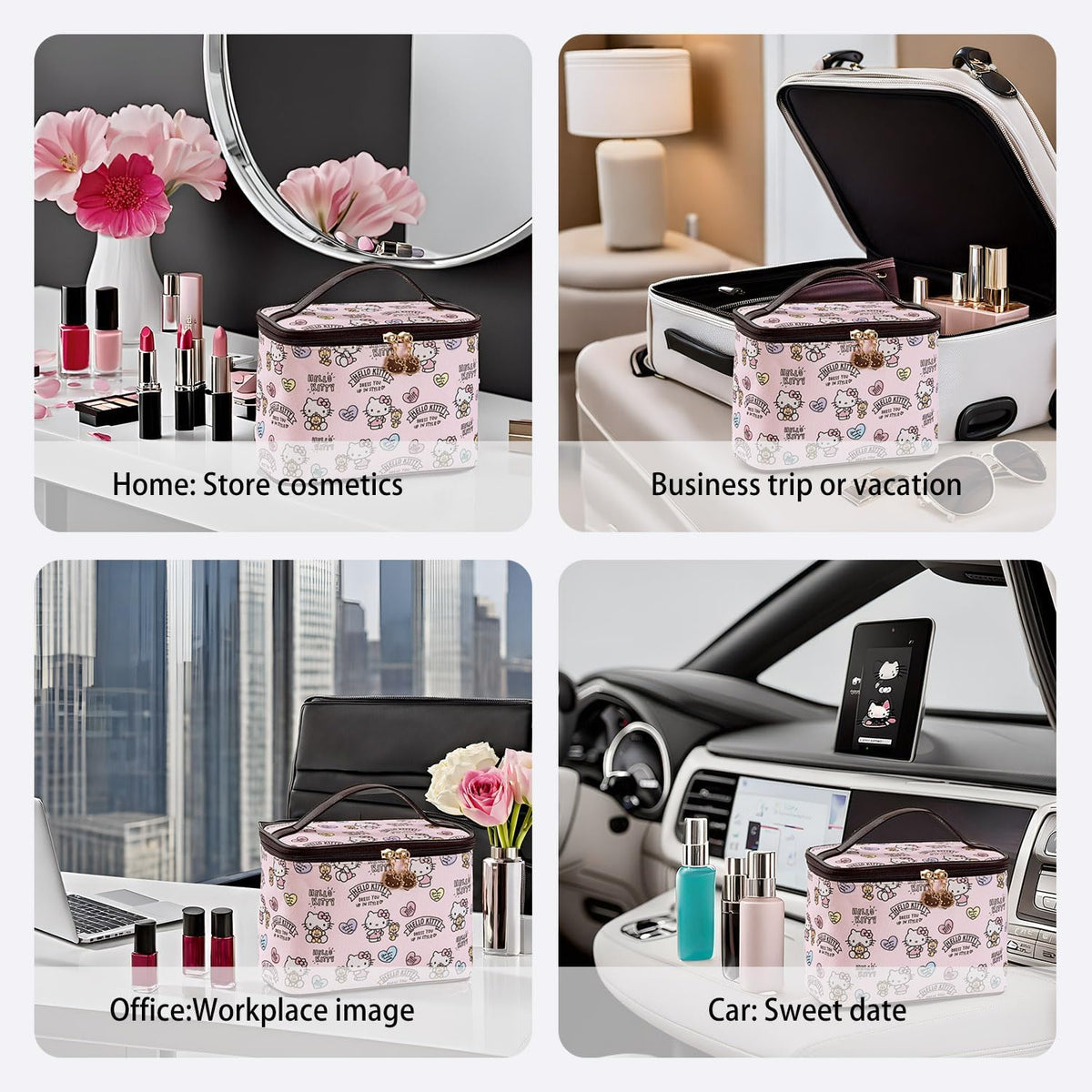 Makeup Bag Large Waterproof Cosmetic Bags with Divider and Brush Holder,Cute Printed Makeup Organizer for Women Traveling,Portable Toiletry Bag for Girls