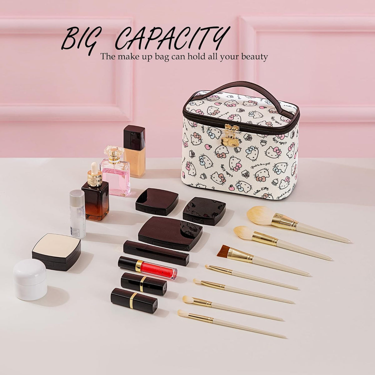 Makeup Bag Large Waterproof Cosmetic Bags with Divider and Brush Holder,Cute Printed Makeup Organizer for Women Traveling,Portable Toiletry Bag for Girls