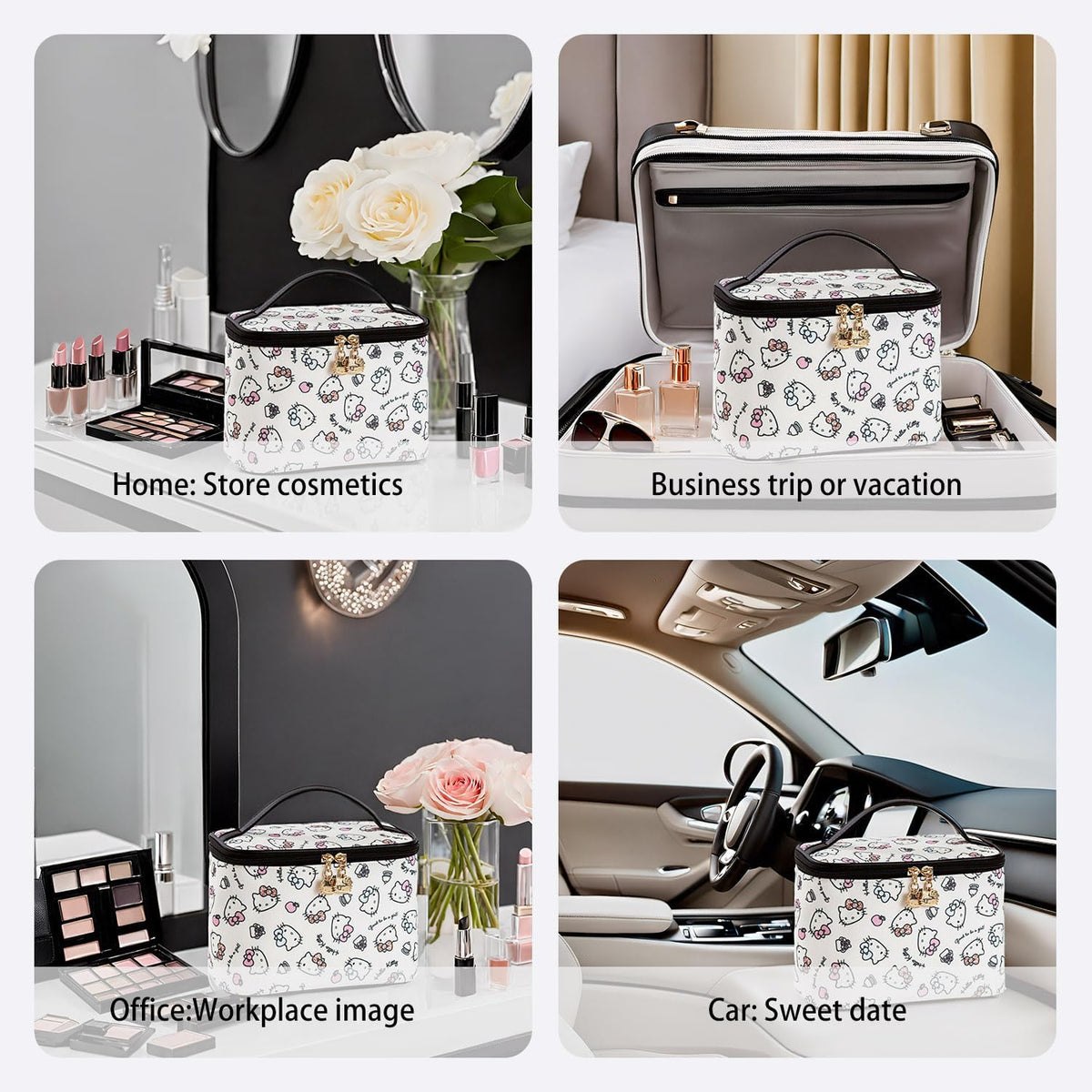 Makeup Bag Large Waterproof Cosmetic Bags with Divider and Brush Holder,Cute Printed Makeup Organizer for Women Traveling,Portable Toiletry Bag for Girls