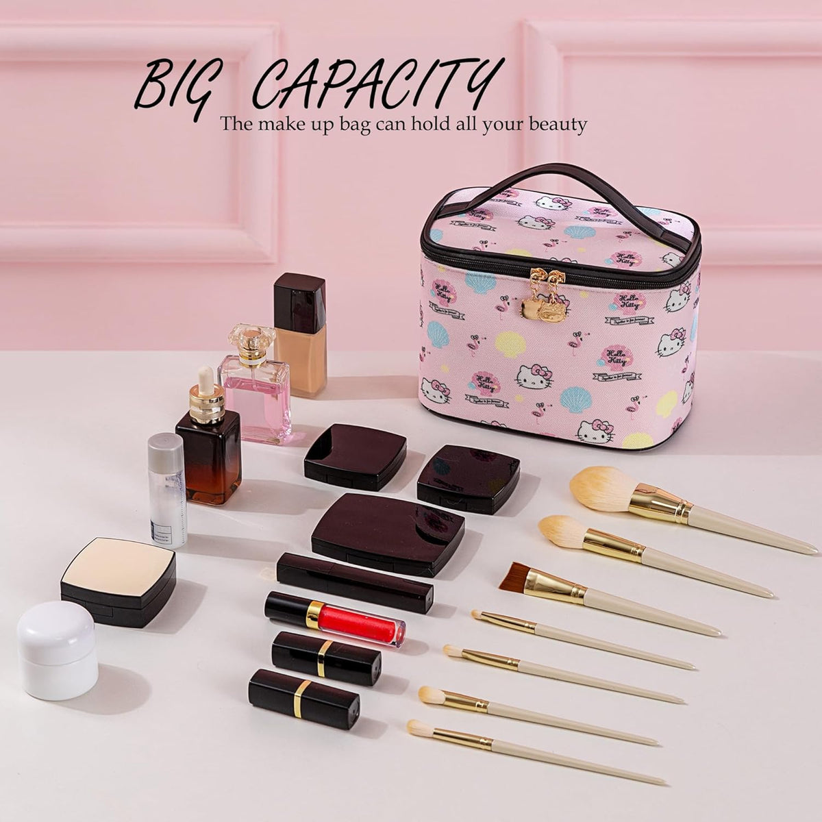 Makeup Bag Large Waterproof Cosmetic Bags with Divider and Brush Holder,Cute Printed Makeup Organizer for Women Traveling,Portable Toiletry Bag for Girls