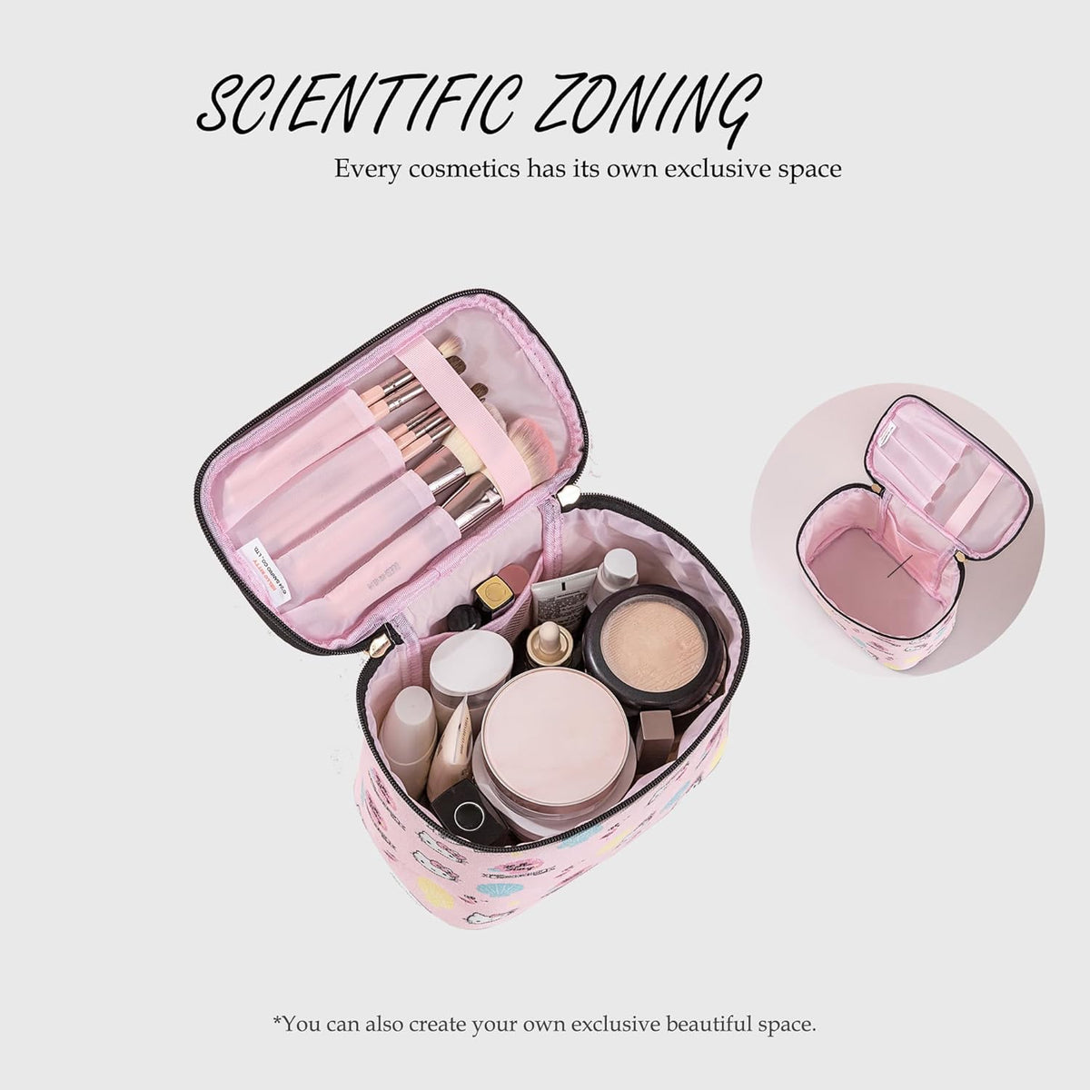 Makeup Bag Large Waterproof Cosmetic Bags with Divider and Brush Holder,Cute Printed Makeup Organizer for Women Traveling,Portable Toiletry Bag for Girls