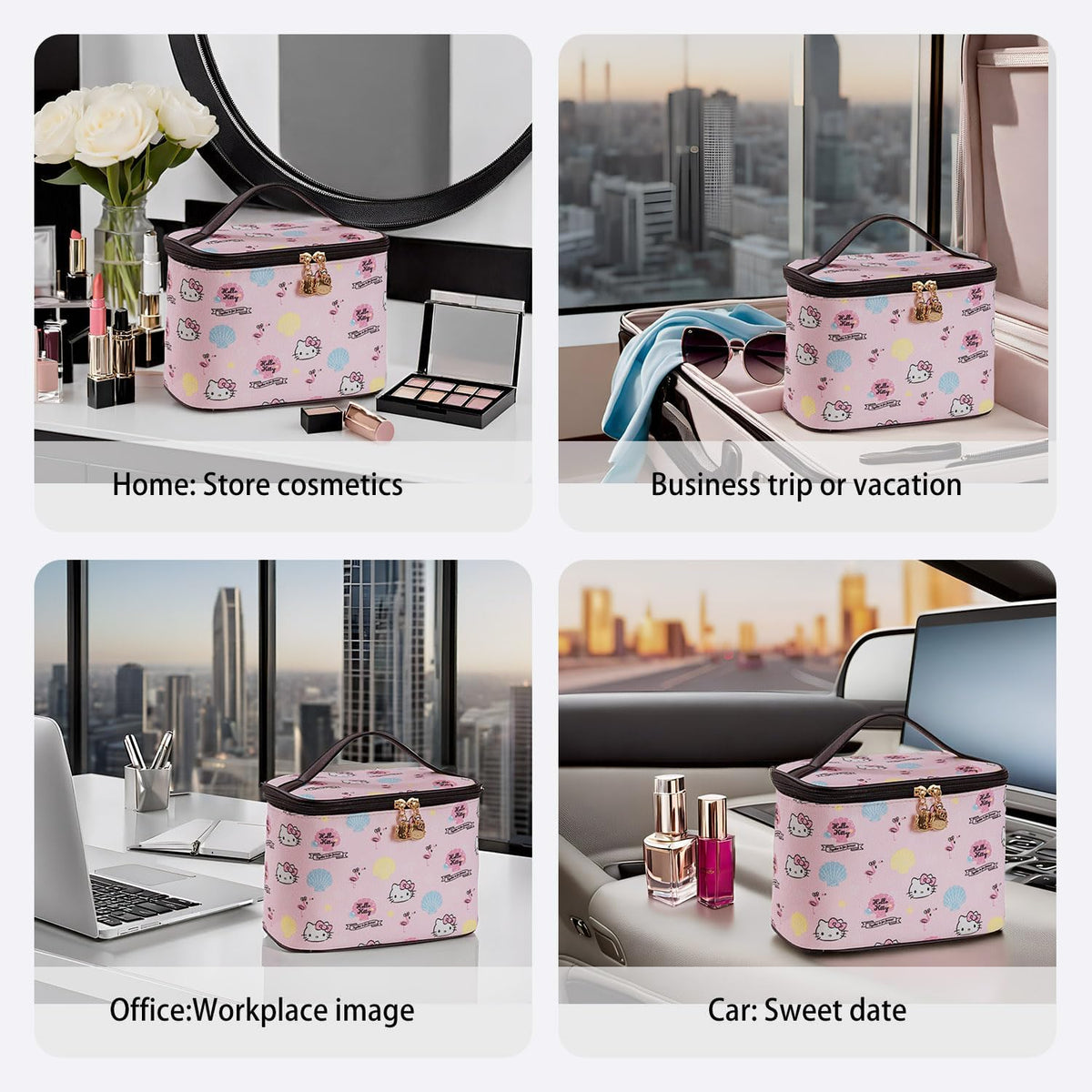 Makeup Bag Large Waterproof Cosmetic Bags with Divider and Brush Holder,Cute Printed Makeup Organizer for Women Traveling,Portable Toiletry Bag for Girls