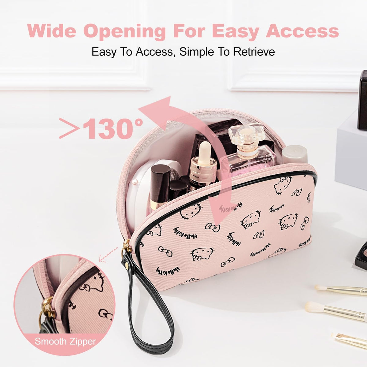 Makeup Bag Large Waterproof Cosmetic Bags with Divider and Brush Holder,Cute Printed Makeup Organizer for Women Traveling,Portable Toiletry Bag for Girls