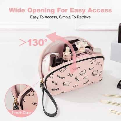 Makeup Bag Large Waterproof Cosmetic Bags with Divider and Brush Holder,Cute Printed Makeup Organizer for Women Traveling,Portable Toiletry Bag for Girls