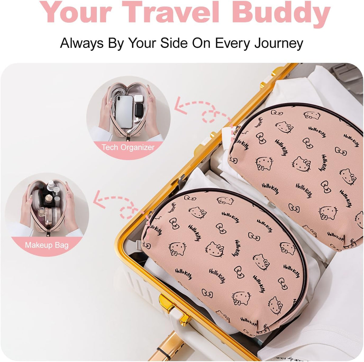 Makeup Bag Large Waterproof Cosmetic Bags with Divider and Brush Holder,Cute Printed Makeup Organizer for Women Traveling,Portable Toiletry Bag for Girls