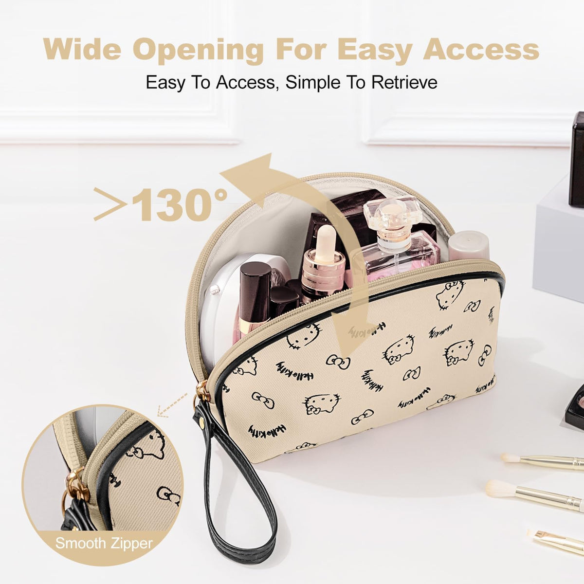 Makeup Bag Large Waterproof Cosmetic Bags with Divider and Brush Holder,Cute Printed Makeup Organizer for Women Traveling,Portable Toiletry Bag for Girls